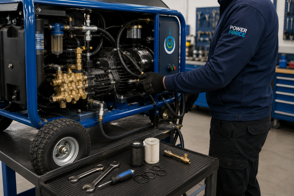 Commercial pressure washer undergoing scheduled maintenance at the Power Force workshop