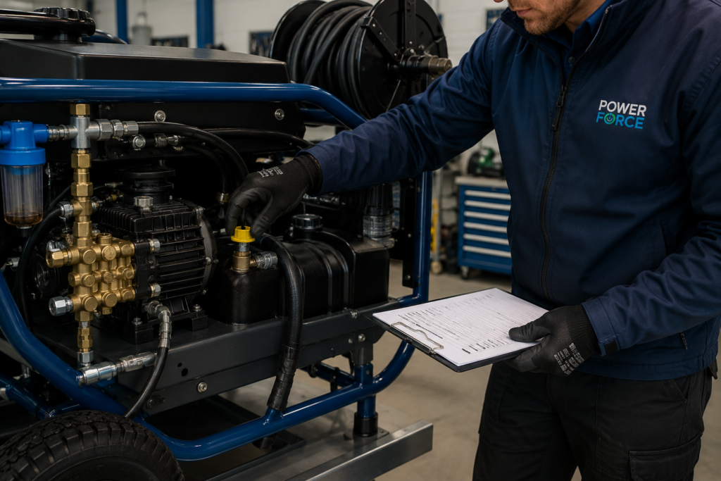 Power Force technician carrying out routine servicing on a commercial pressure washer